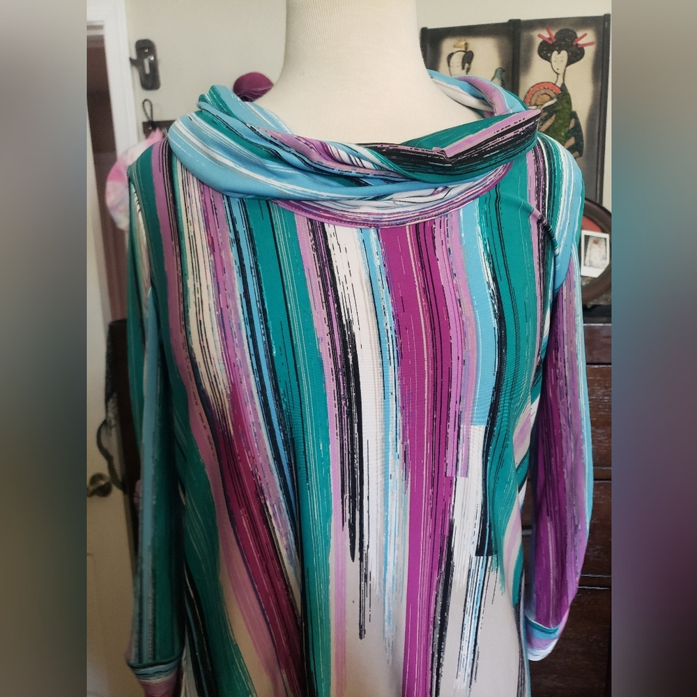 Alfani Teal, Purple & White Striped Cowl Neck Tunic - Picture 2 of 7